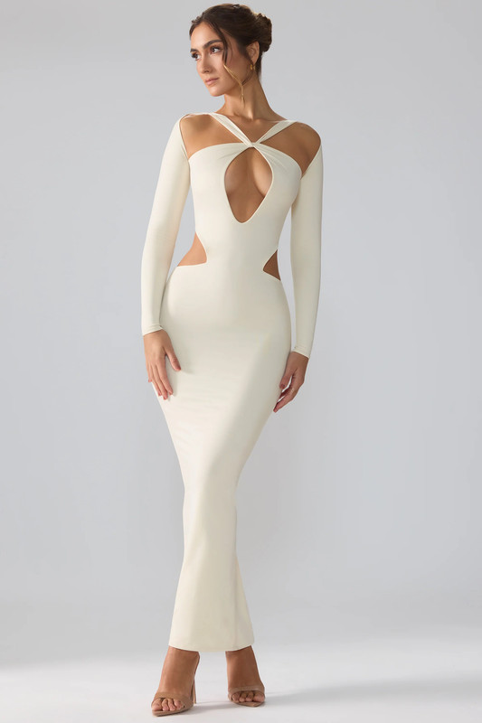 Premium Jersey Long Sleeve Cut Out Maxi Dress in Ivory - UK Size:10
